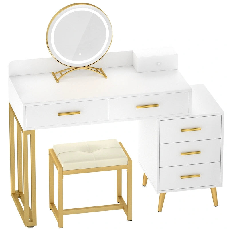 Makeup Vanity Desk with Stool and LED Mirror, Modern Makeup Table Vanity Desk with 6 Storage Drawers
