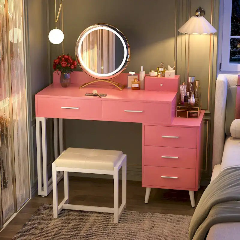 Makeup Vanity Desk with Stool and LED Mirror, Modern Makeup Table Vanity Desk with 6 Storage Drawers