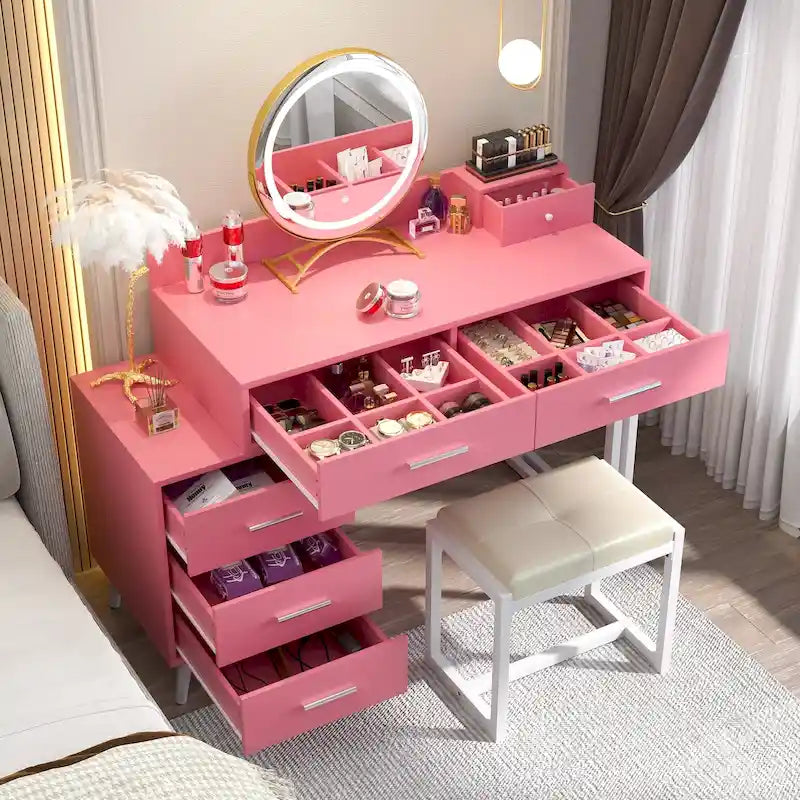 Makeup Vanity Desk with Stool and LED Mirror, Modern Makeup Table Vanity Desk with 6 Storage Drawers
