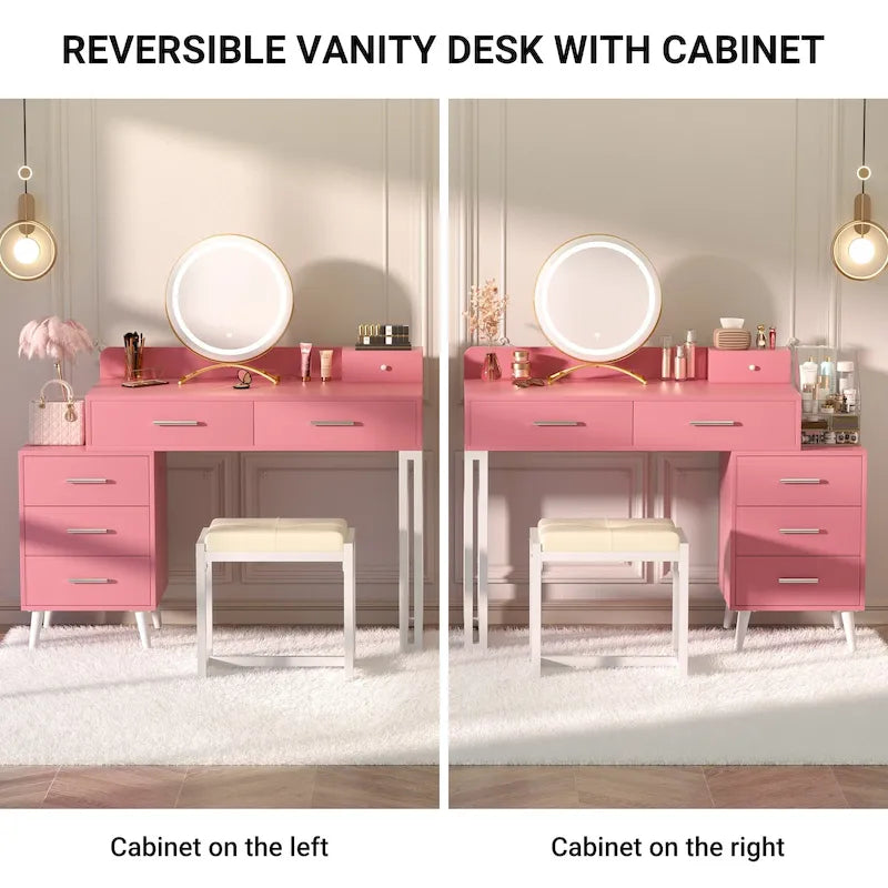 Makeup Vanity Desk with Stool and LED Mirror, Modern Makeup Table Vanity Desk with 6 Storage Drawers