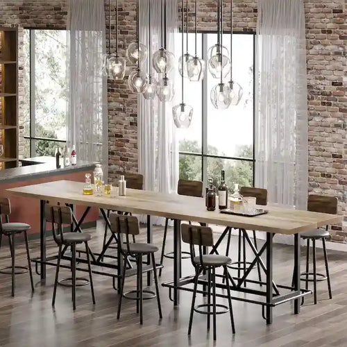 Table de pub haute de comptoir pour 6 personnes avec repose-pieds, table de bar haute avec plateau en bois épais et structure métallique pour la maison ou la cuisine