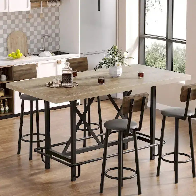 6-People Counter Bar Height Pub Table withe Footrest, Tall Bar Table with Thicken Wood Tabletop and Metal Frame for Home/Kitchen