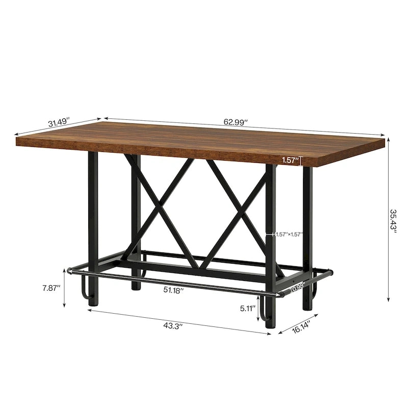 6-People Counter Bar Height Pub Table withe Footrest, Tall Bar Table with Thicken Wood Tabletop and Metal Frame for Home/Kitchen