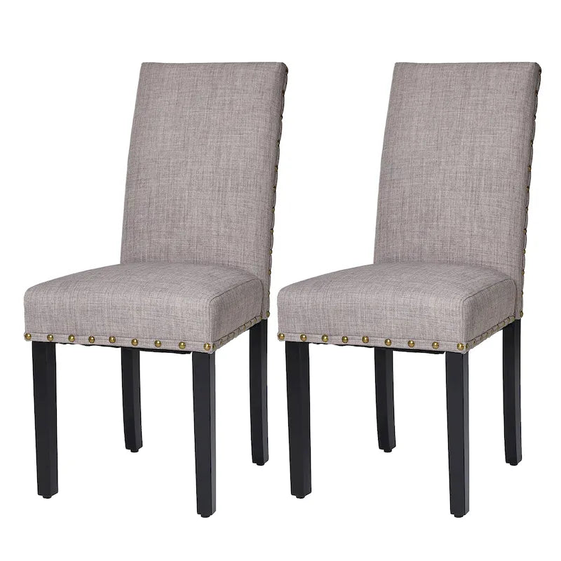 38H Set of 2 High Back Linen Fabric Studded Dining Chairs with Footpads