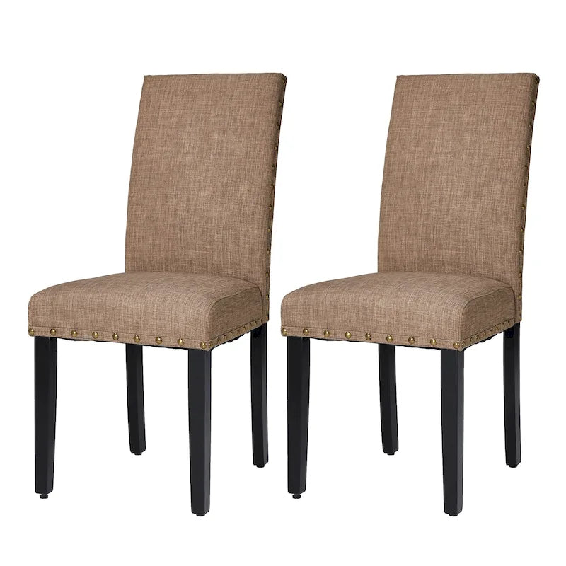 38H Set of 2 High Back Linen Fabric Studded Dining Chairs with Footpads