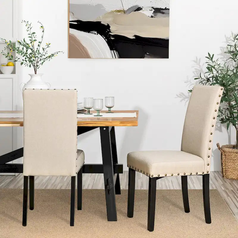 38H Set of 2 High Back Linen Fabric Studded Dining Chairs with Footpads