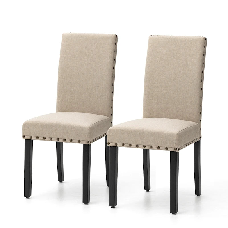 38H Set of 2 High Back Linen Fabric Studded Dining Chairs with Footpads