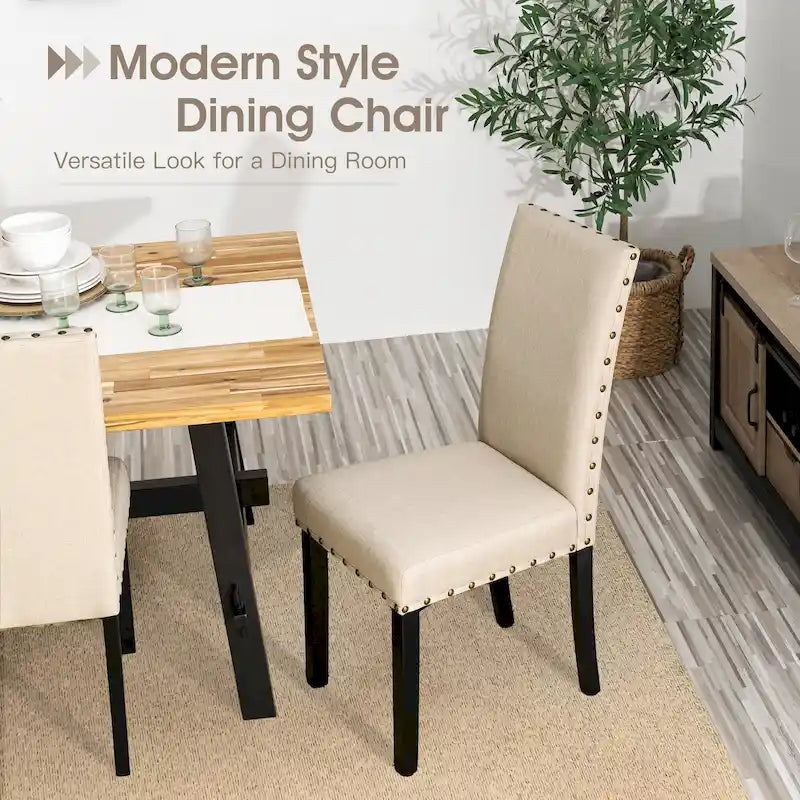 38H Set of 2 High Back Linen Fabric Studded Dining Chairs with Footpads