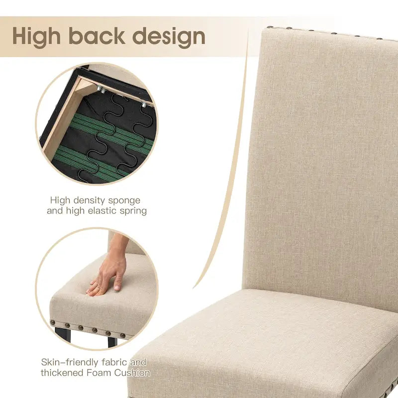 38H Set of 2 High Back Linen Fabric Studded Dining Chairs with Footpads