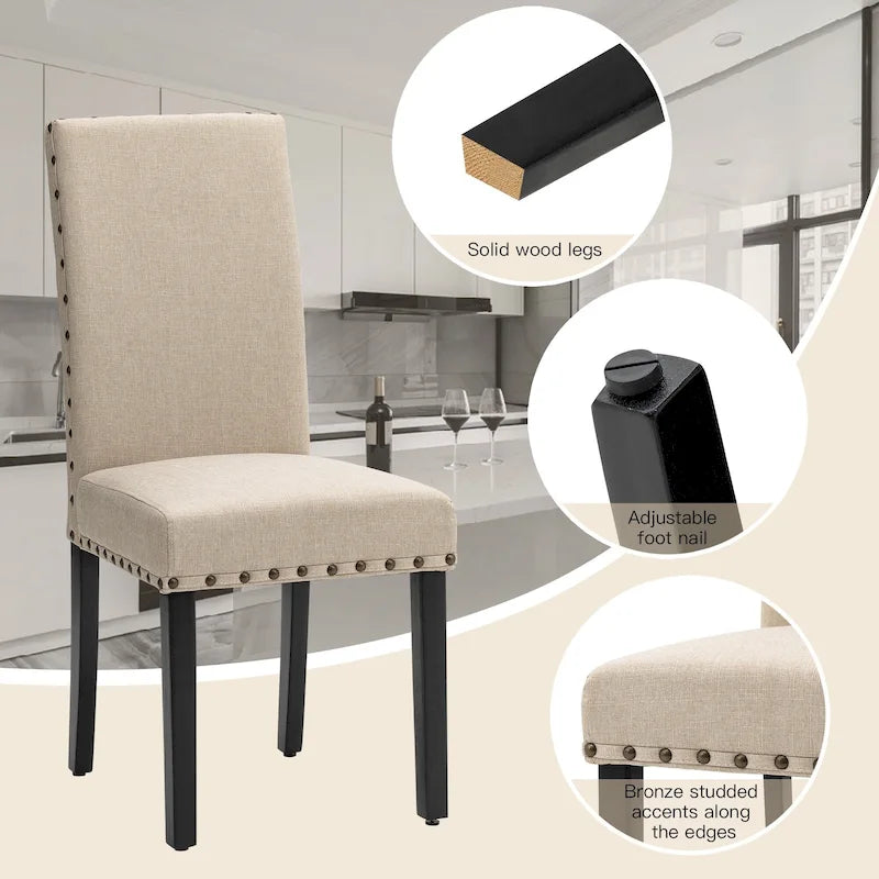 38H Set of 2 High Back Linen Fabric Studded Dining Chairs with Footpads