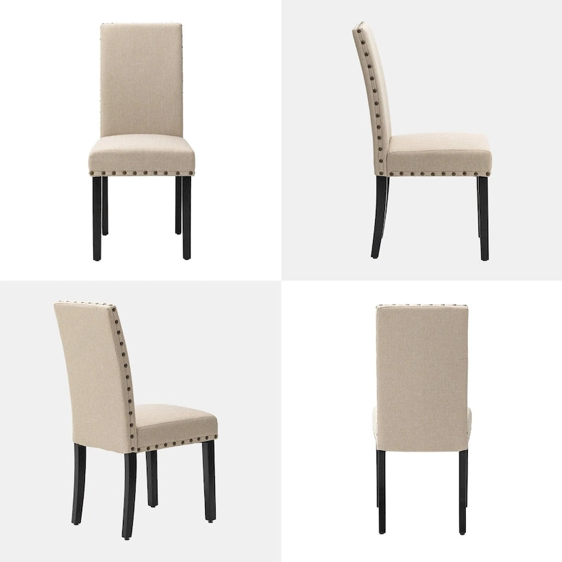 38H Set of 2 High Back Linen Fabric Studded Dining Chairs with Footpads