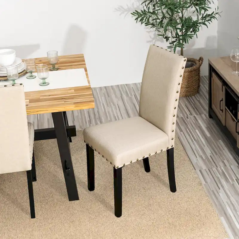 38H Set of 2 High Back Linen Fabric Studded Dining Chairs with Footpads
