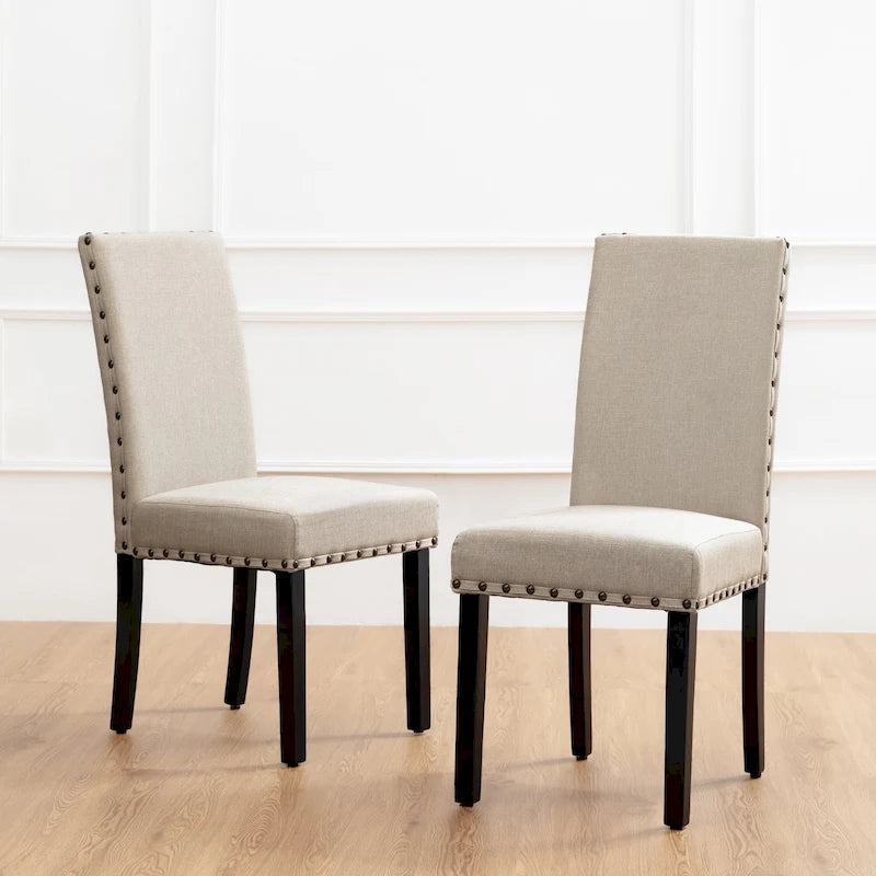 38H Set of 2 High Back Linen Fabric Studded Dining Chairs with Footpads