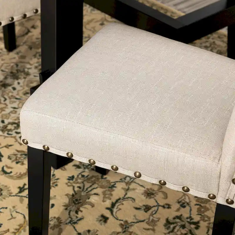 38H Set of 2 High Back Linen Fabric Studded Dining Chairs with Footpads