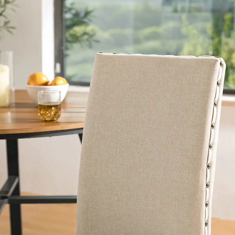 38H Set of 2 High Back Linen Fabric Studded Dining Chairs with Footpads