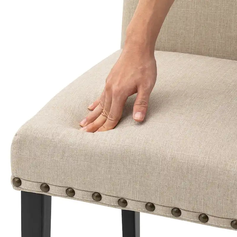 38H Set of 2 High Back Linen Fabric Studded Dining Chairs with Footpads