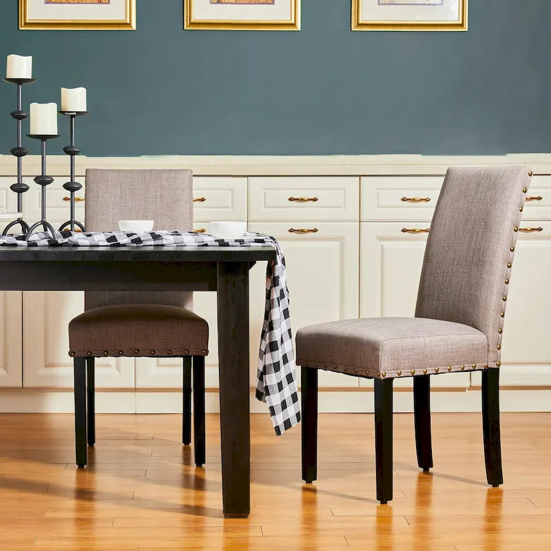 38H Set of 2 High Back Linen Fabric Studded Dining Chairs with Footpads