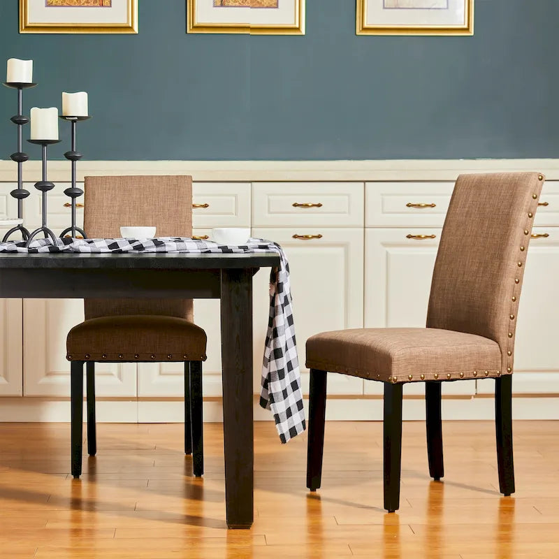 38H Set of 2 High Back Linen Fabric Studded Dining Chairs with Footpads