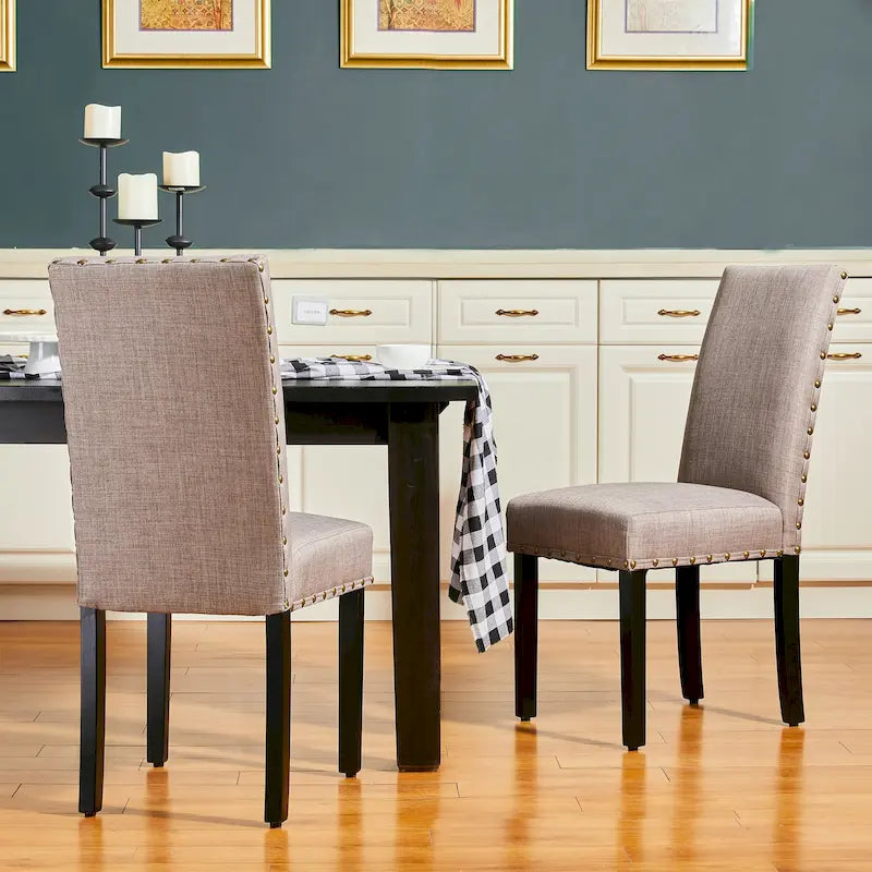 38H Set of 2 High Back Linen Fabric Studded Dining Chairs with Footpads