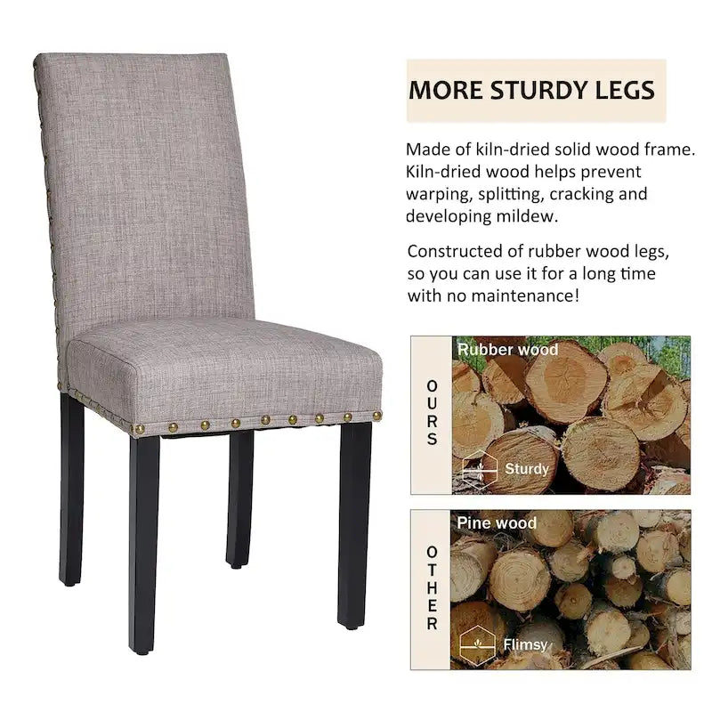 38H Set of 2 High Back Linen Fabric Studded Dining Chairs with Footpads