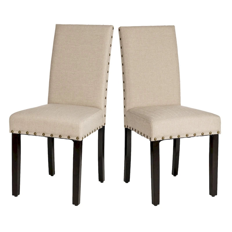 38H Set of 2 High Back Linen Fabric Studded Dining Chairs with Footpads