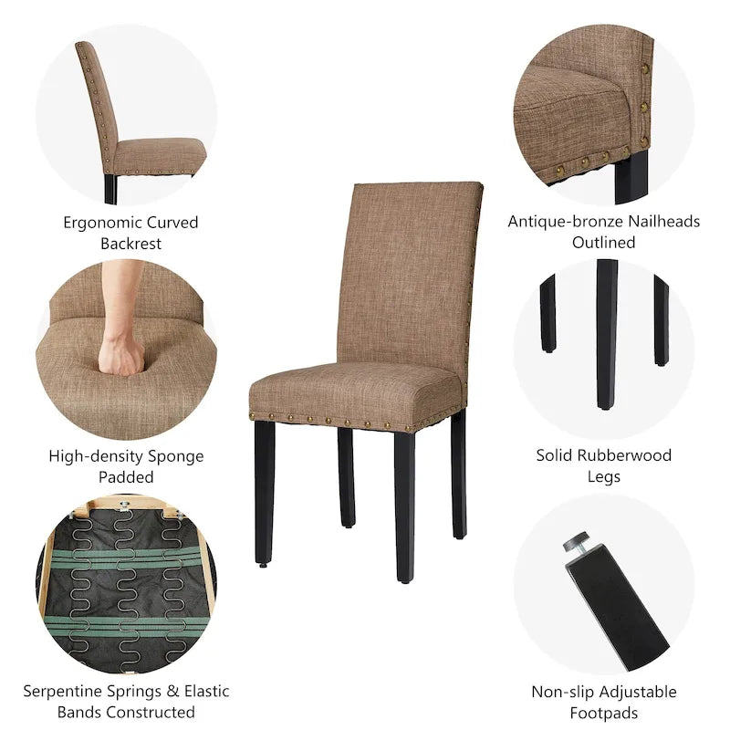 38H Set of 2 High Back Linen Fabric Studded Dining Chairs with Footpads