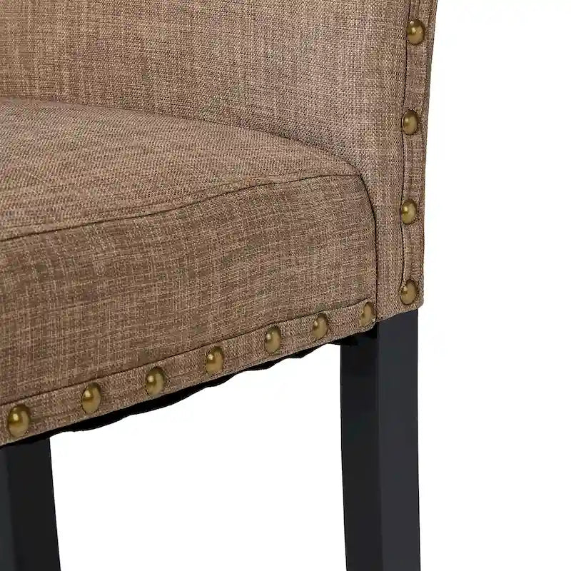 38H Set of 2 High Back Linen Fabric Studded Dining Chairs with Footpads