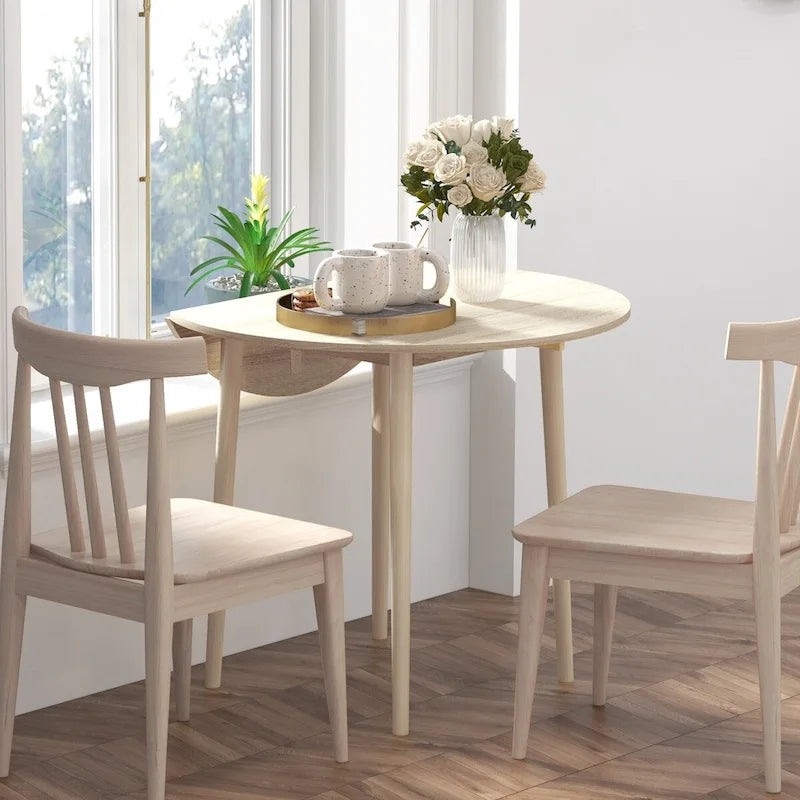 35 Round Folding Dining Table, Collapsible Drop Leaf Table for Small Spaces, Small Kitchen Table with Solid Wood Legs