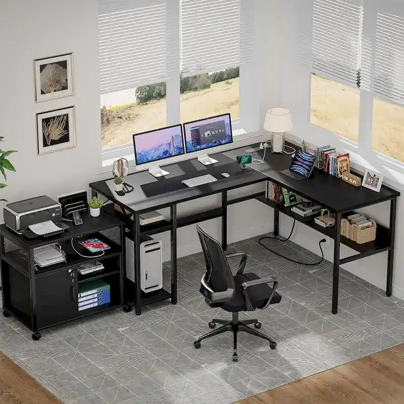 Reversible L Shaped Desk with Storage Shelves, Home Office Corner Desk with Charge Station
