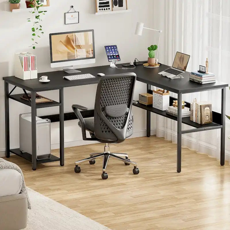 Reversible L Shaped Desk with Storage Shelves, Home Office Corner Desk with Charge Station