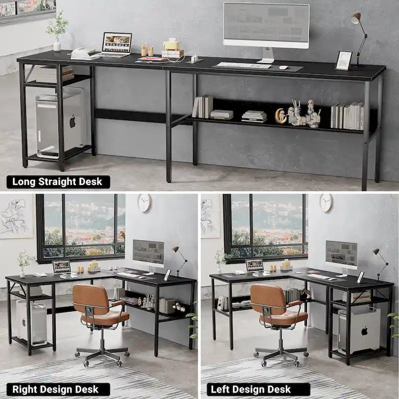 Reversible L Shaped Desk with Storage Shelves, Home Office Corner Desk with Charge Station