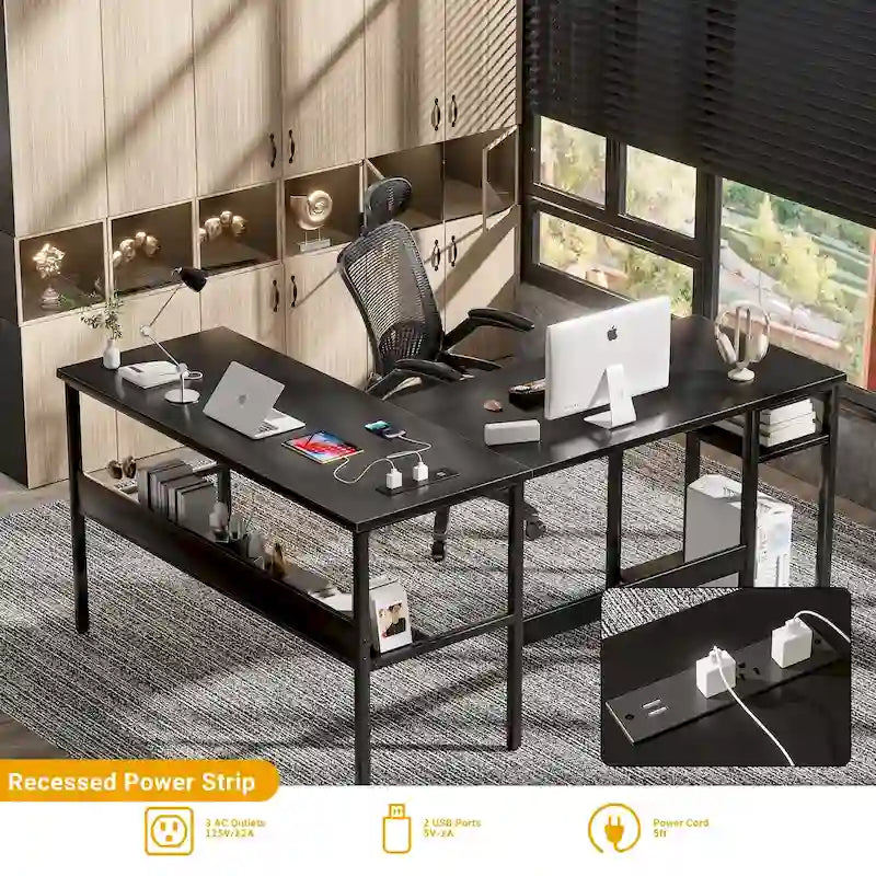 Reversible L Shaped Desk with Storage Shelves, Home Office Corner Desk with Charge Station