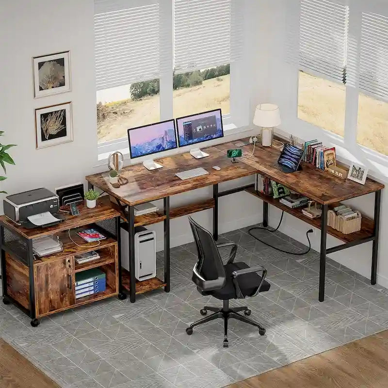 Reversible L Shaped Desk with Storage Shelves, Home Office Corner Desk with Charge Station