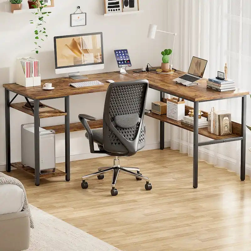 Reversible L Shaped Desk with Storage Shelves, Home Office Corner Desk with Charge Station