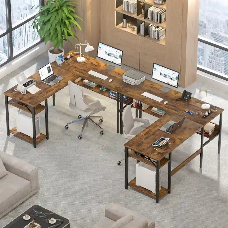 Reversible L Shaped Desk with Storage Shelves, Home Office Corner Desk with Charge Station