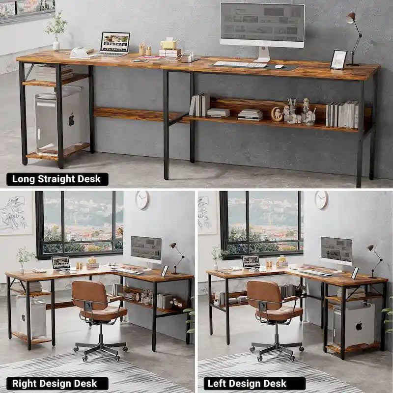 Reversible L Shaped Desk with Storage Shelves, Home Office Corner Desk with Charge Station