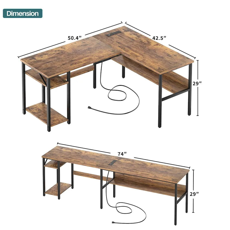 Reversible L Shaped Desk with Storage Shelves, Home Office Corner Desk with Charge Station