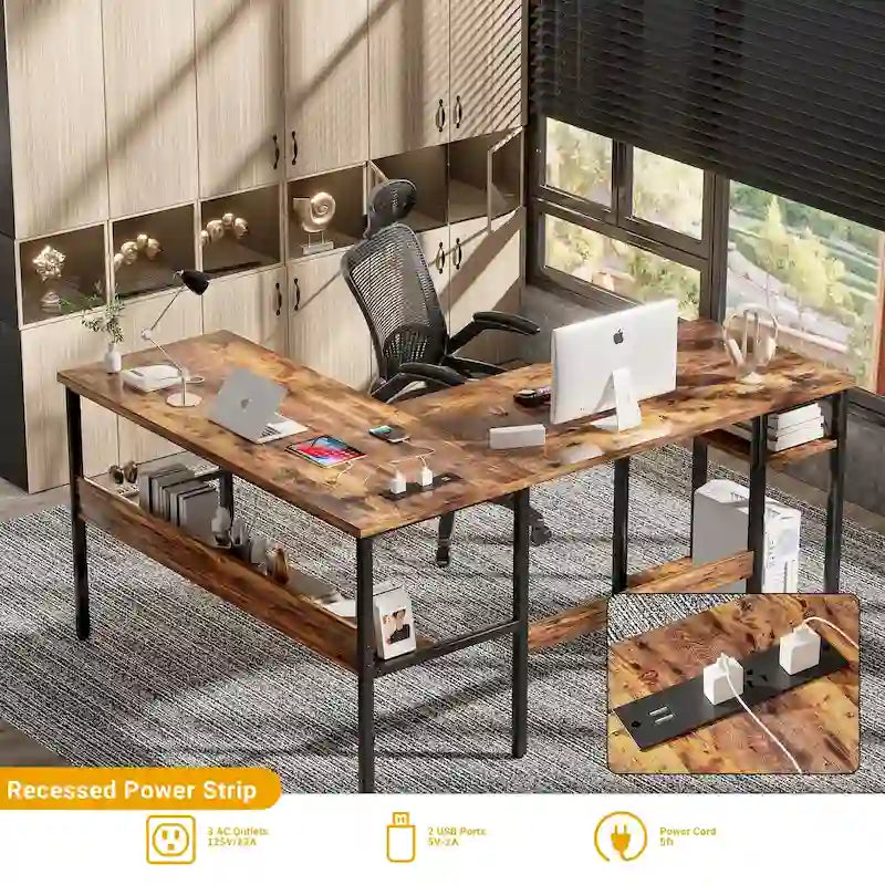 Reversible L Shaped Desk with Storage Shelves, Home Office Corner Desk with Charge Station