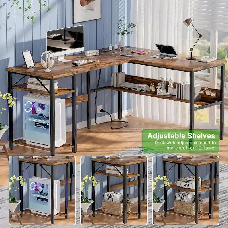 Reversible L Shaped Desk with Storage Shelves, Home Office Corner Desk with Charge Station