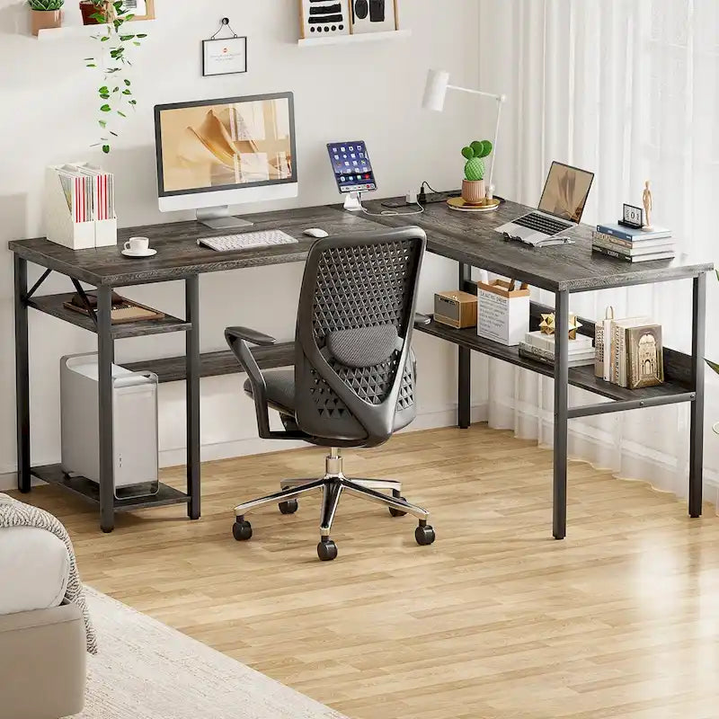 Reversible L Shaped Desk with Storage Shelves, Home Office Corner Desk with Charge Station