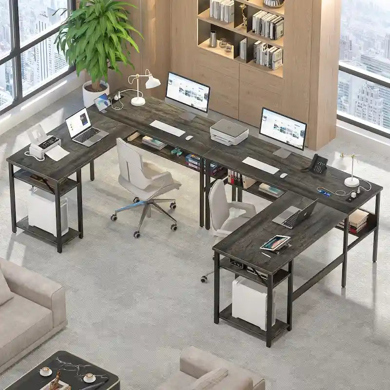 Reversible L Shaped Desk with Storage Shelves, Home Office Corner Desk with Charge Station