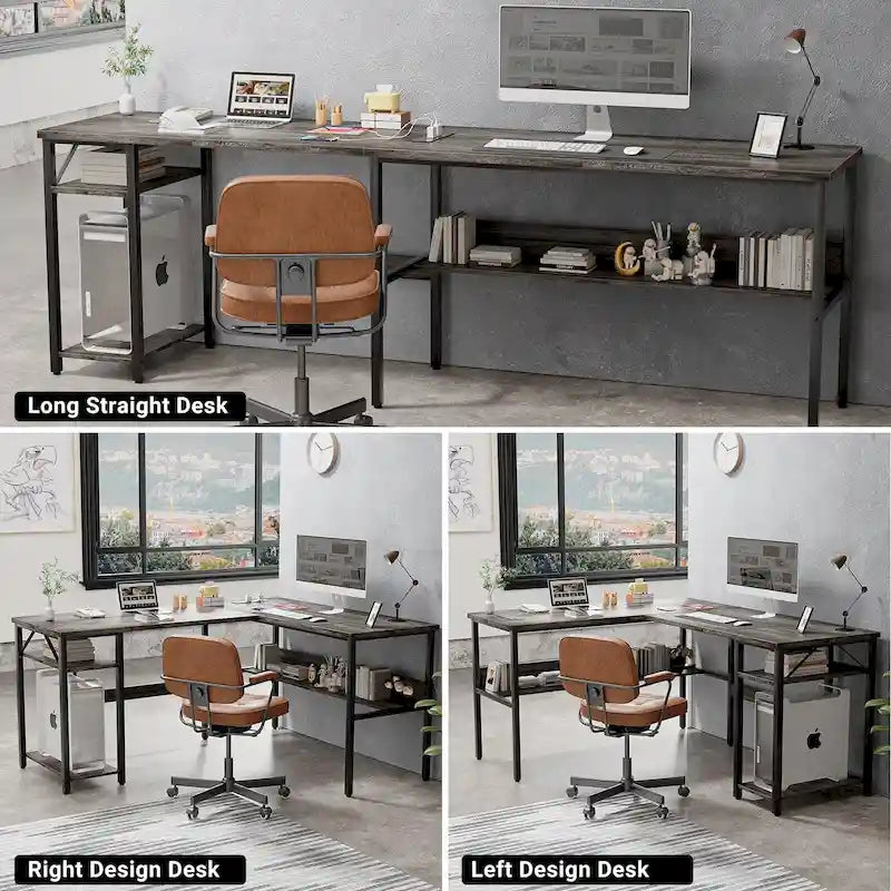 Reversible L Shaped Desk with Storage Shelves, Home Office Corner Desk with Charge Station
