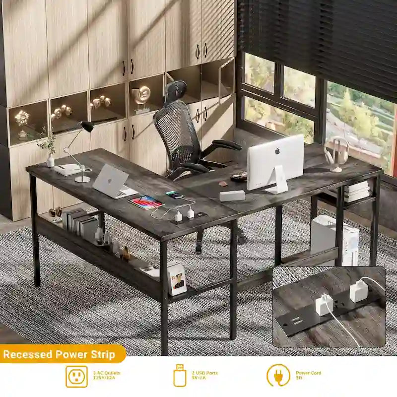 Reversible L Shaped Desk with Storage Shelves, Home Office Corner Desk with Charge Station