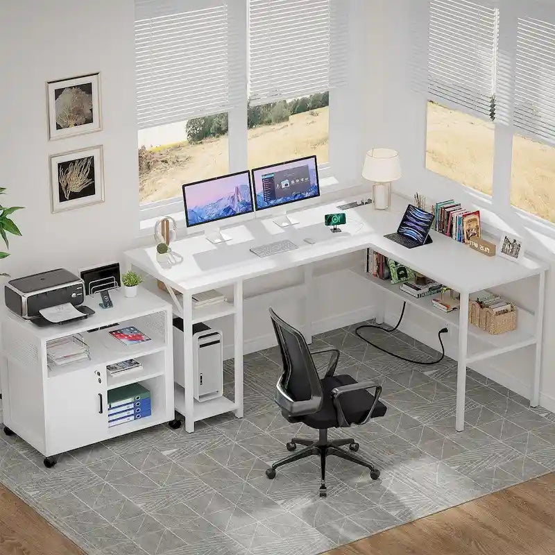 Reversible L Shaped Desk with Storage Shelves, Home Office Corner Desk with Charge Station