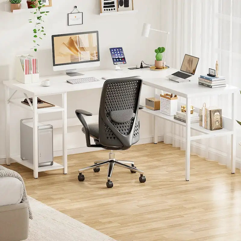 Reversible L Shaped Desk with Storage Shelves, Home Office Corner Desk with Charge Station
