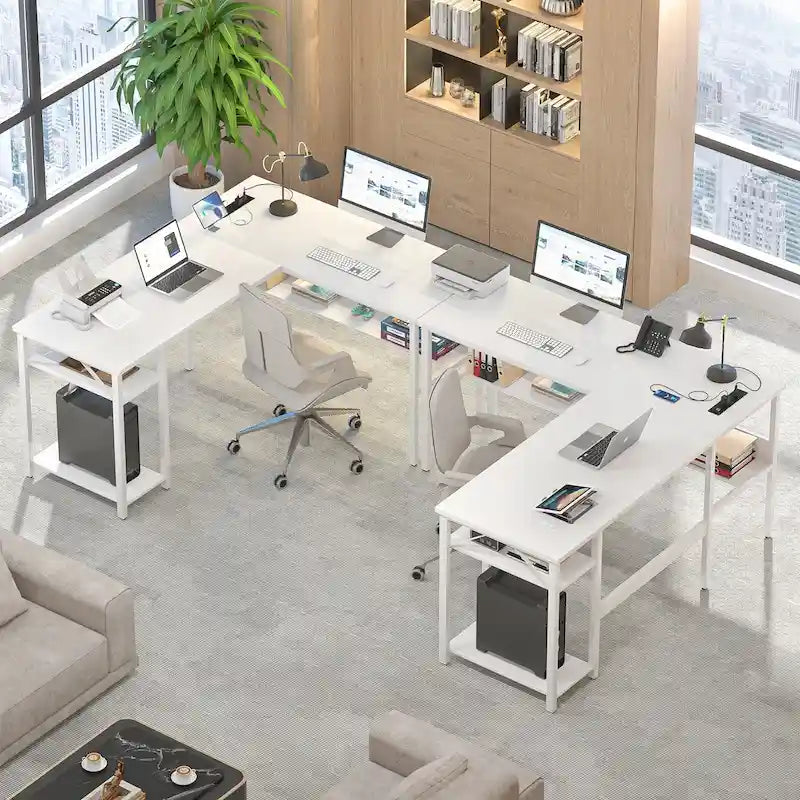Reversible L Shaped Desk with Storage Shelves, Home Office Corner Desk with Charge Station