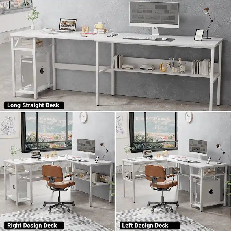 Reversible L Shaped Desk with Storage Shelves, Home Office Corner Desk with Charge Station