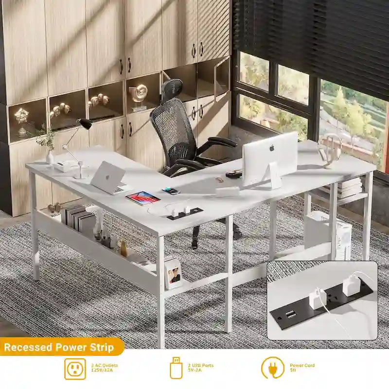 Reversible L Shaped Desk with Storage Shelves, Home Office Corner Desk with Charge Station