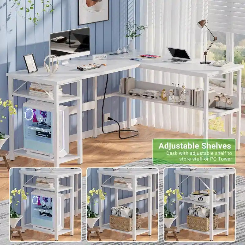 Reversible L Shaped Desk with Storage Shelves, Home Office Corner Desk with Charge Station