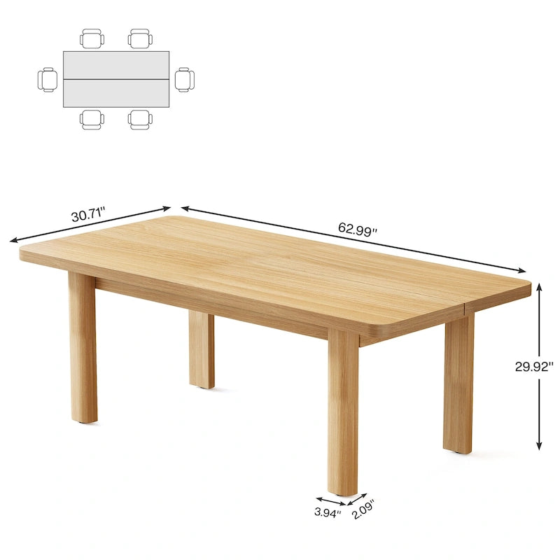 Dining Table for 4-6 People, 63-Inch Farmhouse Kitchen Table with Solid Wood Legs